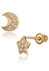 teensy moon star cubic zirconia baby gold earrings